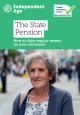 Cover of the State Pension mini guide. It is green and has a photograph of a woman on it. She is smiling at the camera.