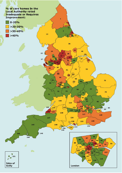 A map of England showign variation in care home quality