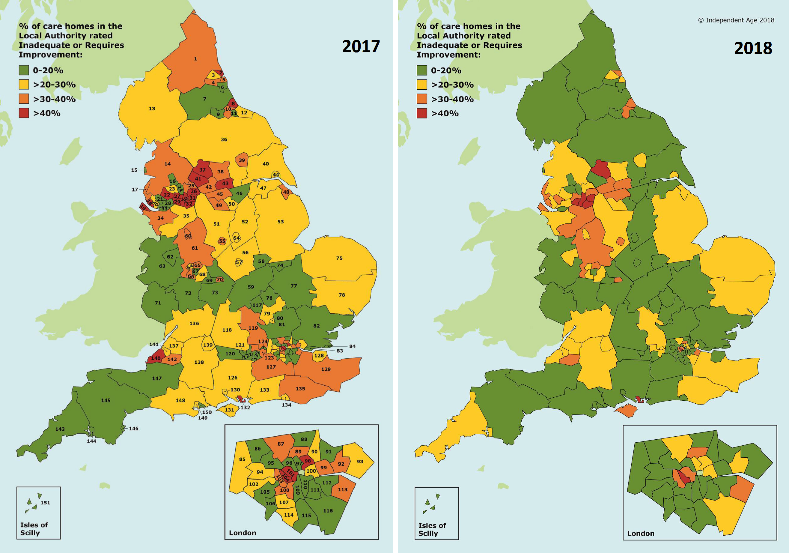 Maps comparing care home performance in England in 2017 and 2018