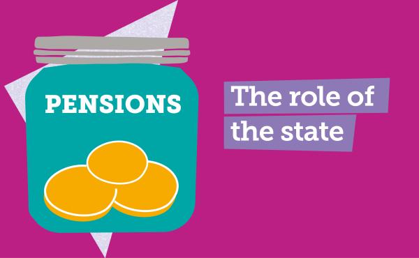 A logo with a jar with coins inside of it that is labelled 'Pensions' with the words 'The role of the state' written on the right side.