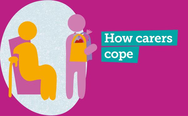 A logo featuring a figure sitting down with a cane on a chair and another figure standing with groceries and text that says 'How carers cope'.
