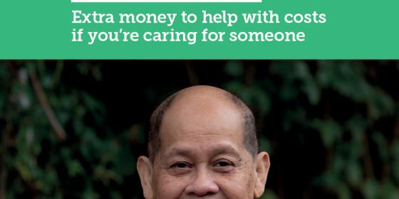 The cover of the Carer's Allowance mini guide. It is green and has a photo of a man smiling at the camera on the cover.