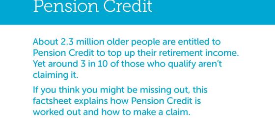Cover of the pension credit factsheet. It is bright blue, and the title is in black text highlighted with white.