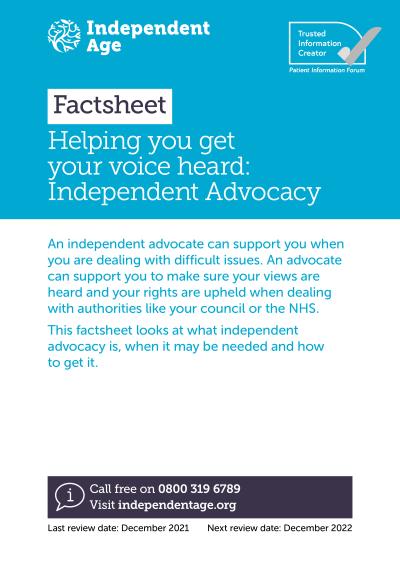 front cover of factsheet about independent advocacy