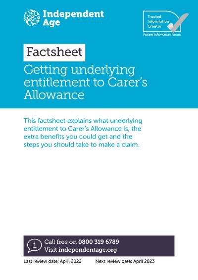 front cover of Underlying entitlement to Carer's Allowance factsheet