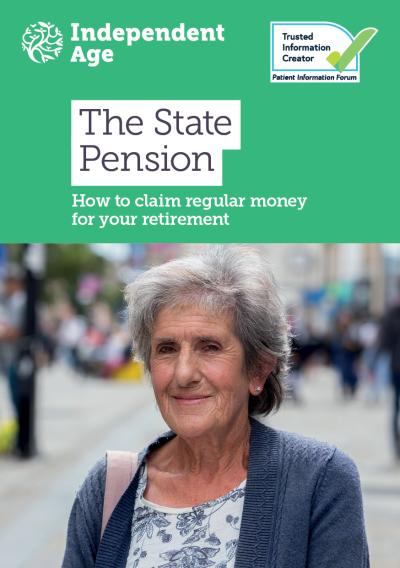 Cover of the State Pension mini guide. It is green and has a photograph of a woman on it. She is smiling at the camera.
