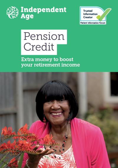 Cover of the Pension Credit mini guide. It is green, and has a picture of a woman smiling at the camera on it. She is wearing a bright pink cardigan. The title of the advice guide is in black text and highlighted in white.