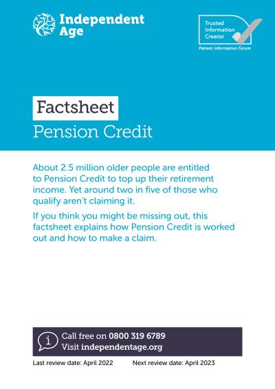 Cover of the pension credit factsheet. It is bright blue, and the title is in black text highlighted with white.