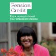 Cover of the Pension Credit mini guide. It is green, and has a picture of a woman smiling at the camera on it. She is wearing a bright pink cardigan. The title of the advice guide is in black text and highlighted in white.