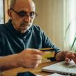 Older man looking at bank card while typing on laptop