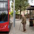 Man with walking stick getting on a bus